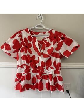 Anthropologie Red & White Floral Somerset Smocked Peplum Blouse Sz XL